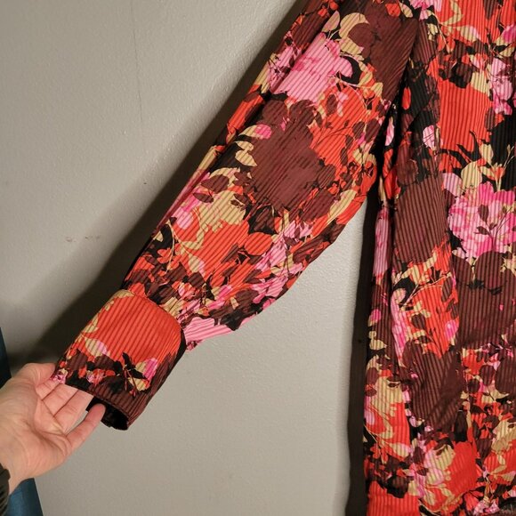 NWT Lane Bryant Women's 22 Pleated Long Sleeve Floral Blouse Keyhole Red Pink Br - Picture 8 of 9